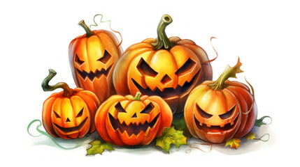 Watercolor painting of a Halloween pumpkins in vivid red colours tones.