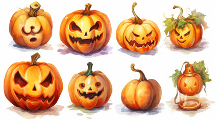 Watercolor painting of a Halloween pumpkins in vivid orange colours tones.