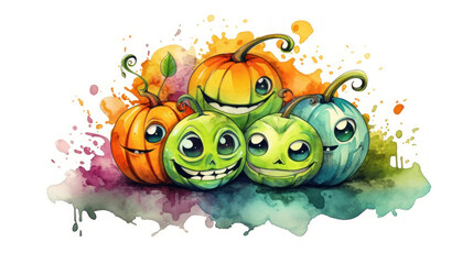 Watercolor painting of a Halloween pumpkins in vivid lime colours tones.