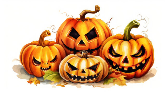 Watercolor painting of a Halloween pumpkins in vivid yellow colours tones.