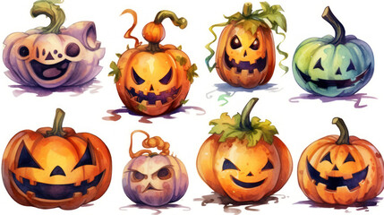 Watercolor painting of a Halloween pumpkins in colorful colours tones.