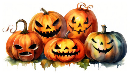Watercolor painting of a Halloween pumpkins in colorful colours tones.