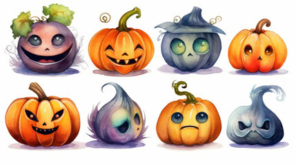 Watercolor painting of a Halloween pumpkins in colorful colours tones.