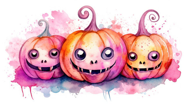 Watercolor painting of a Halloween pumpkins in vivid pink colours tones.