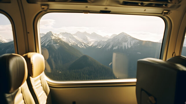 Plane Window Looking Out Toward Mountains Viewed By A Passenger