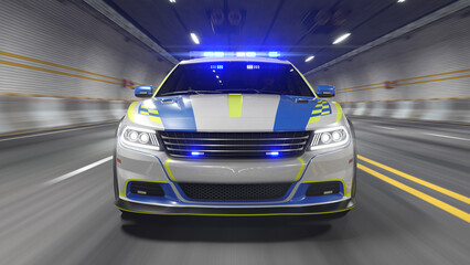 European Police Car with Flashing Emergency LED Lights is Driving through the Tunnel