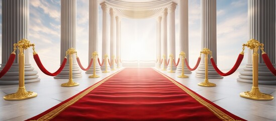 Path to success is marked by a lit red carpet red velvet rope and golden supports leading to a white open door With copyspace for text - obrazy, fototapety, plakaty