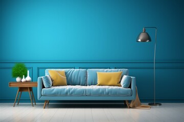 Fototapeta na wymiar Blue themed living room interior template, a 3D rendered frame mock up