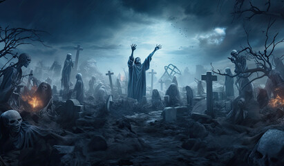 zombi andando por cementerio entre tumbas durante la noche con cielo gris tormentoso - obrazy, fototapety, plakaty