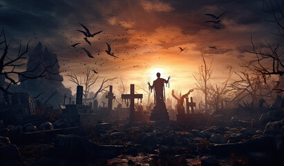 zombi andando por cementerio entre tumbas al atardecer en puesta de sol, sobrevolando pájaros negros