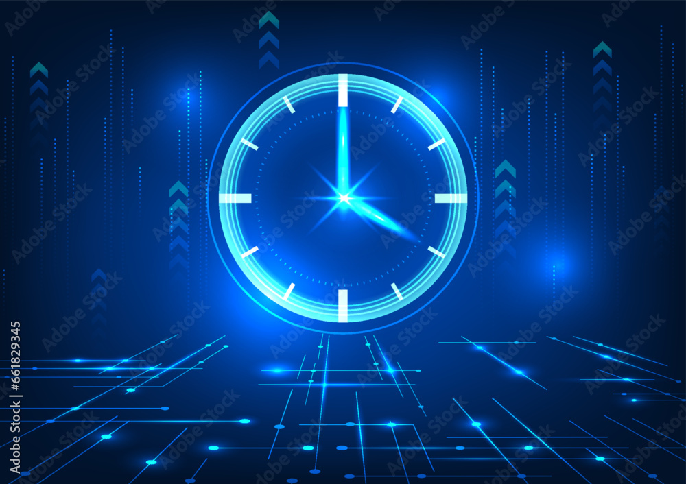 Poster time technology the back of the watch has an arrow dial. the floor below is a circuit line. shows th