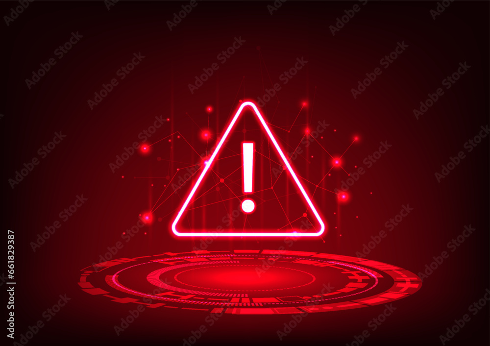 Poster notification technology, alert symbol above technology circle conveys notification of technological 