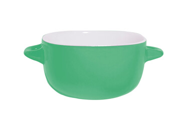 Green broth bowl with handles. Soup plate isolated on a white background.