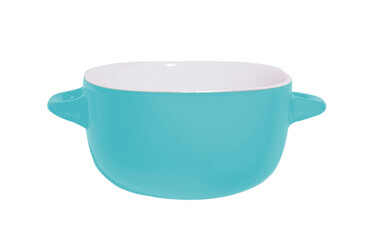 Blue broth bowl with handles. Soup plate isolated on a white background.