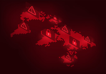 World map technology A world map with an alert symbol and a lock, indicating a possible theft of sensitive global technological information.