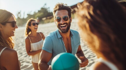 A group of friends playing a lively game of volleyball during a beach birthday party, with laughter...