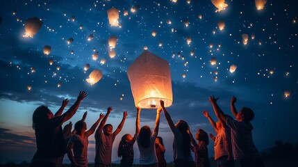 Fototapeta na wymiar A group of friends releasing sky lanterns into the night sky as part of a magical birthday celebration.