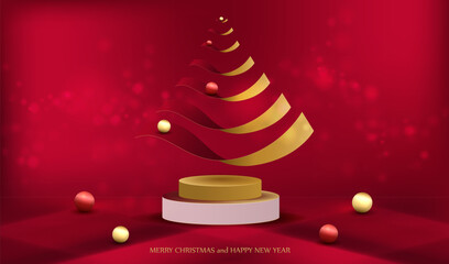 Christmas card with gold podium and ribbon tree background. Holiday winter design with place to display product sale or gift. Happy New Year vector.