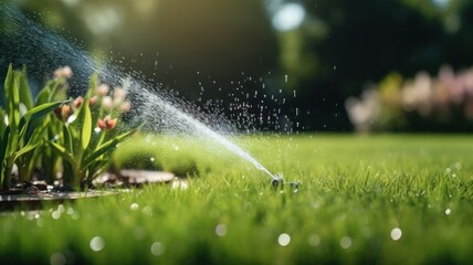 lawn sprinkler efficiently hydrating a garden, ensuring lush green grass - obrazy, fototapety, plakaty