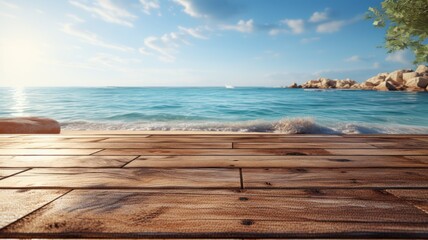 Fototapeta premium wooden surface overlooks a sunlit shoreline