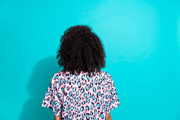 Back rear view photo of gorgeous girl wear trendy clothes stylish wavy hairdo isolated on cyan...