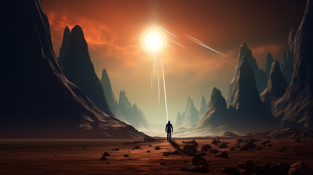 Futuristic digital imagery depicting an astronaut venturing through an extraterrestrial world with magnificent vistas, perfect for cosmic expedition motifs.