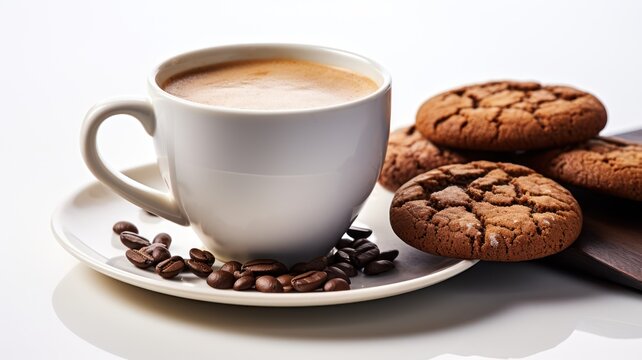 comforting scene of coffee paired with homemade chocolate cookies, set on a white background for a minimalist look