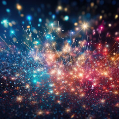 Fototapeta premium Abstract banner with dark blue backdrop and illuminated bokeh particles in multi colors.