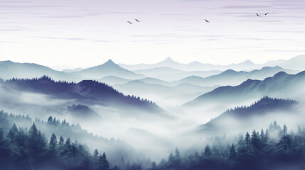 Serene mountain scenery in two shades of peaceful green and muted lilac mirrors the magnificence of nature.