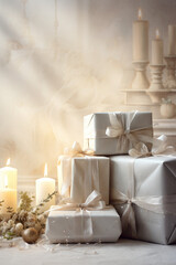 Wrapped Christmas presents in light and neutral colors set up in a decorate setting for the holiday season