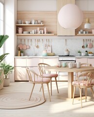 A whimsical pastel paradise awaits in this kitchen, where a round table surrounded by elegant chairs sits atop a sleek marble countertop, framed by chic cabinetry and adorned with a delicate vase