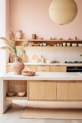 A dreamy pastel paradise awaits in this stunning kitchen, adorned with delicate vases and stylish furniture against a bold pink wall and perfectly designed cabinetry