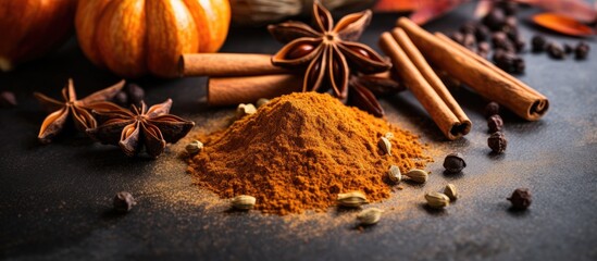 Organic pumpkin spice blend with cinnamon allspice nutmeg and ginger With copyspace for text - obrazy, fototapety, plakaty