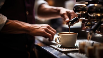 Fototapeta na wymiar dedicated barista skillfully serving freshly brewed coffee in a bustling cafe
