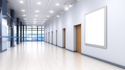 Fototapeta premium An empty mock-up poster decorates a newly renovated educational hallway, creating an advertising-oriented 3D visual.