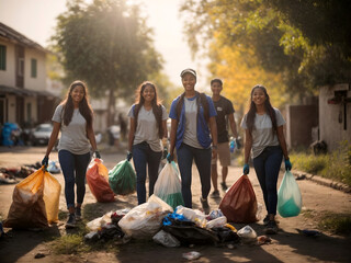 Group of volunteers, community members cleaning the beach from garbage and plastic waste to send it for recycling. Environment activism, ecology, pollution and earth day concept. - obrazy, fototapety, plakaty