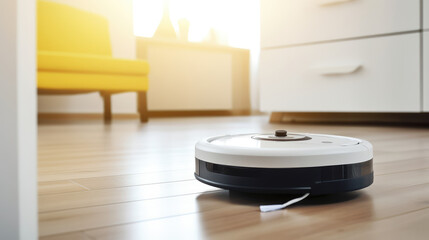 Robot vacuum cleaner on hardwood floor at home. smart home concept
