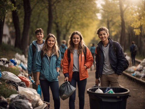 Group of volunteers, community members cleaning the beach from garbage and plastic waste to send it for recycling. Environment activism, ecology, pollution and earth day concept. - Powered by Adobe
