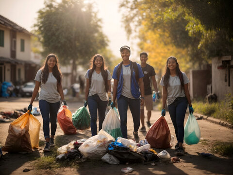 Group of volunteers, community members cleaning the beach from garbage and plastic waste to send it for recycling. Environment activism, ecology, pollution and earth day concept.