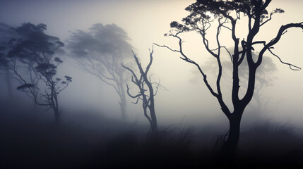 An enchanted, mysterious atmosphere encompassed the silhouetted trees in the foggy early morning.