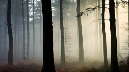 Obraz premium A misty, enigmatic morning enveloped the shadowy trees with a hazy radiance.