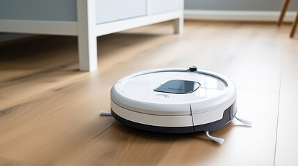Robot vacuum cleaner on hardwood floor at home. smart home concept
