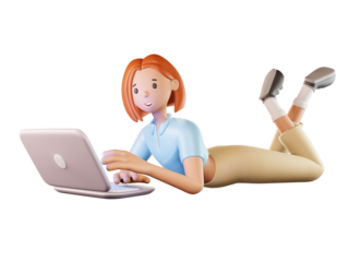 Cartoon 3D character woman working on her laptop, laying on the floor on front with her feet up. Illustration isolated on transparent background