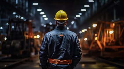 An industrial engineer, equipped with a hard hat and safety jacket, navigates through a bustling metalworking factory - obrazy, fototapety, plakaty