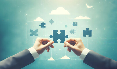 Concept of business,hands holding a jigsaw puzzle on pastel blue background