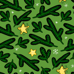 Winter seamless pattern. Hand drawn doodle illustration. Green christmas pattern, fir branches and stars.