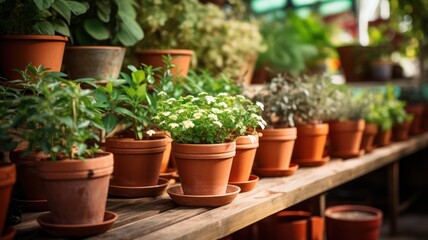 Fototapeta na wymiar Fresh plants ready for repotting in vintage red pots