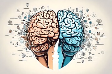 Left and right human brain. Creative half and logic half of human mind. Vector illustration isolated on white background
