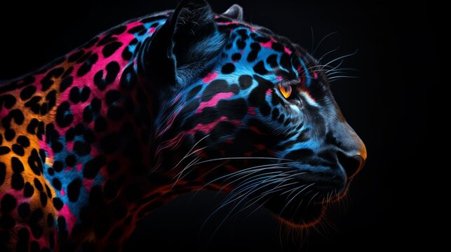 Photorealistic colorful black panter from side, black background. Generative AI
