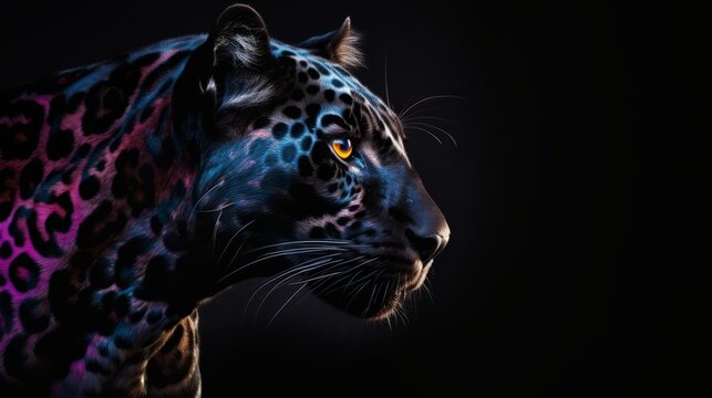 Photorealistic colorful black panter from side, black background. Generative AI